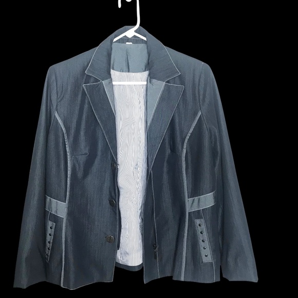 Women’s Denim Look Button Front Blazer Jacket – Contrast Stitching - Picture 11 of 12